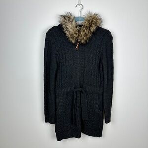 Woolrich Lambswool Gray Long Cable Knit Zip Belted Cardigan Gray Faux Fur Hood S